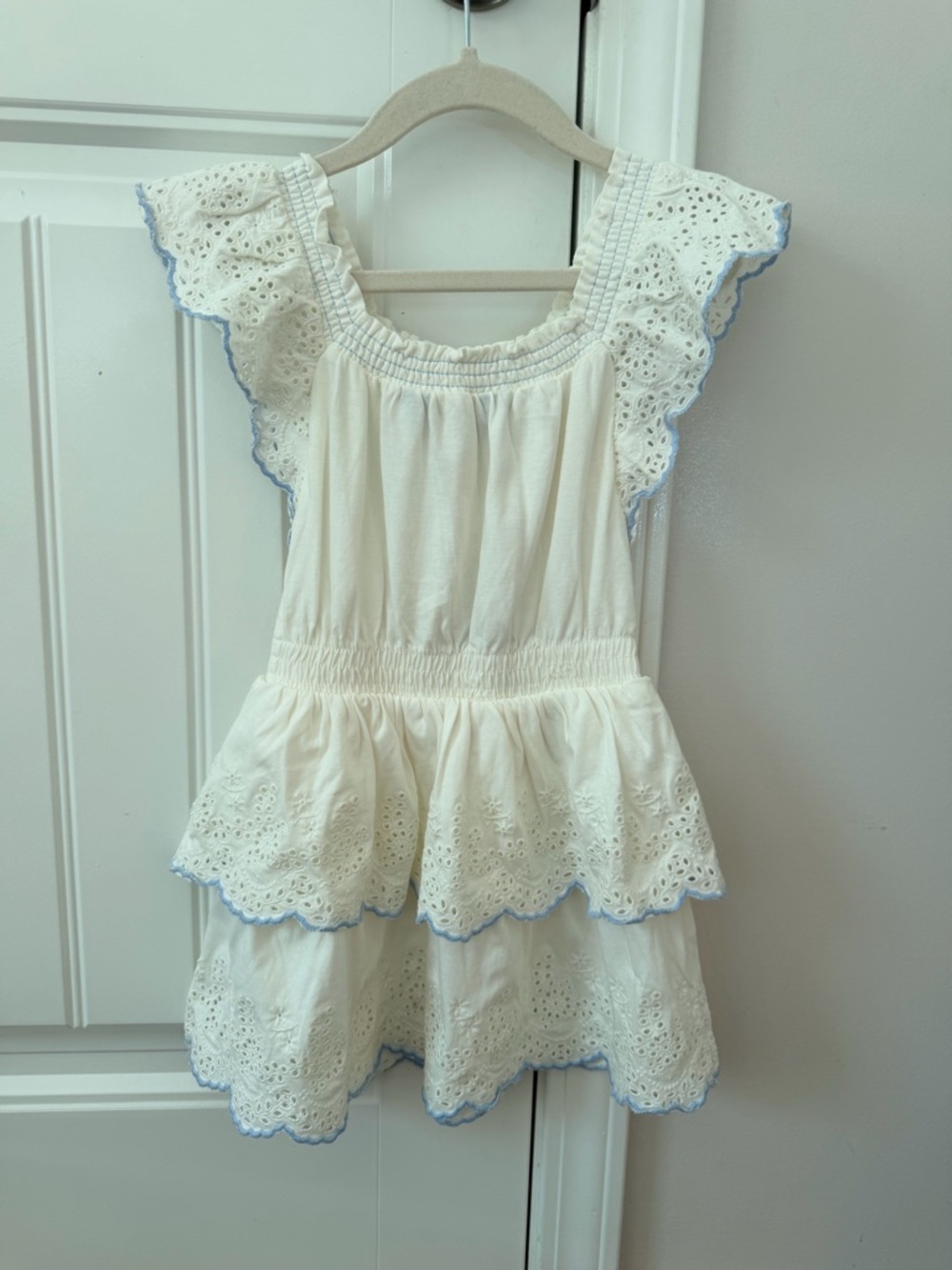 White Eyelet Tiered Sundress with Blue Trim